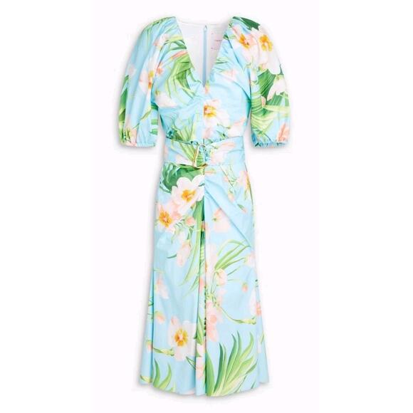 Carolina Herrera Blue Floral-Print Ruched Poplin Sleeve MIDI Dress Size 8 (V3 - Picture 4 of 9